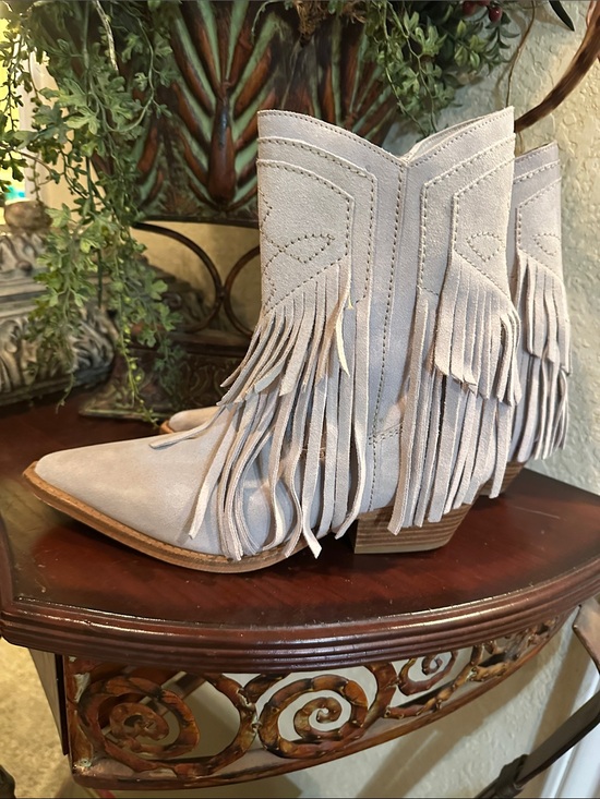 Free People Shoes - Free People Fringe Suede Western Ankle Boots - Light Gray